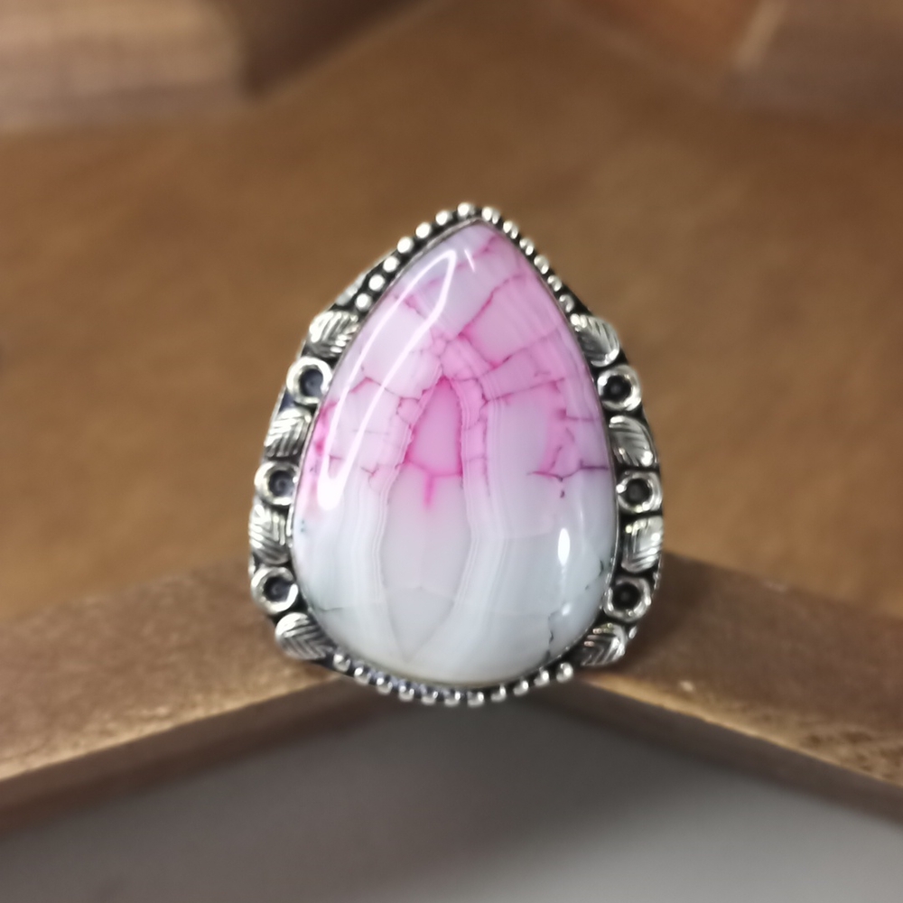 Pink Dragon Vein Solar Agate Ring, Size 8